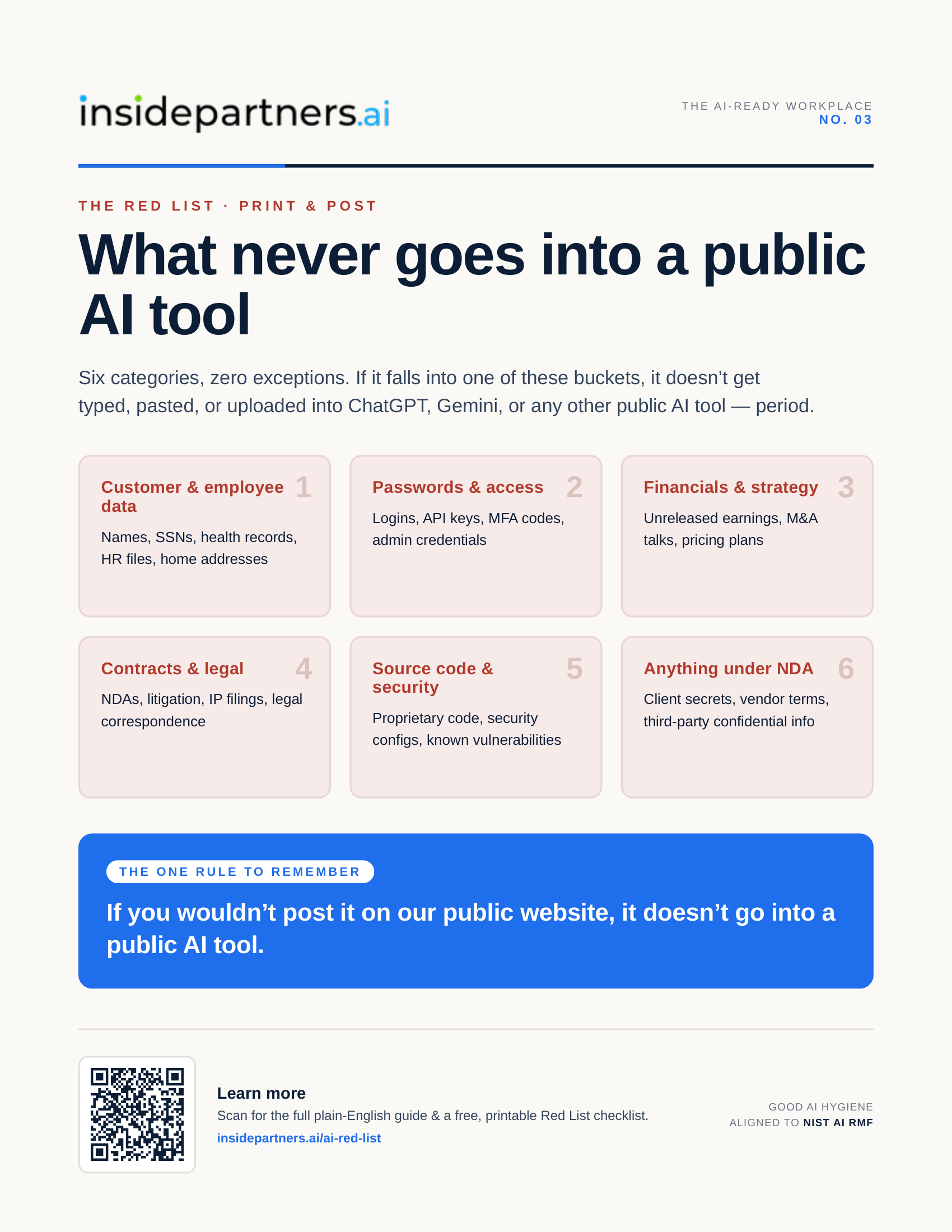 Preview of the "What never goes into a public AI tool" poster